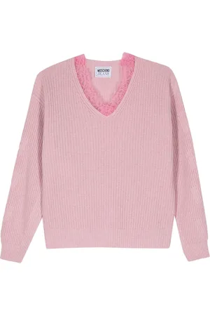 Moschino Stickade tröjor & koftor, Dam, L, Nylon, Rosa Ullblandning Half-Cardigan Tröja