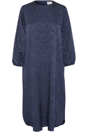 Kaffe Klänning, Dam, XL, Polyester, Midnight Marine Zipper Klänning med Puffärmar