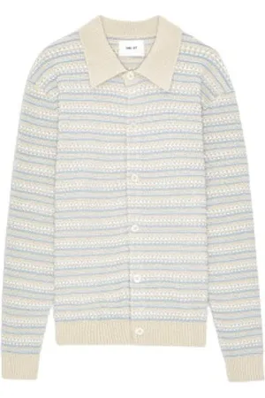 NN.07 Stickade tröjor & koftor, Herr, L, Bomull, Randig Polo Cardigan med Pärlemorknappar