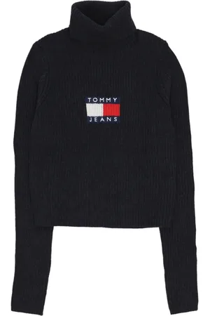 Tommy Hilfiger Stickade tröjor & koftor, Dam, S, Polyester, Melange Halsduk Flagga Tröja Svart