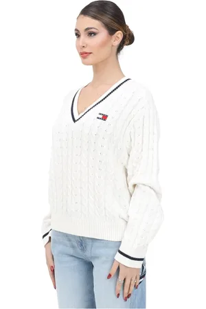 Tommy Hilfiger Stickade tröjor & koftor, Dam, M, Kräm Stickad Tröja med V-ringning