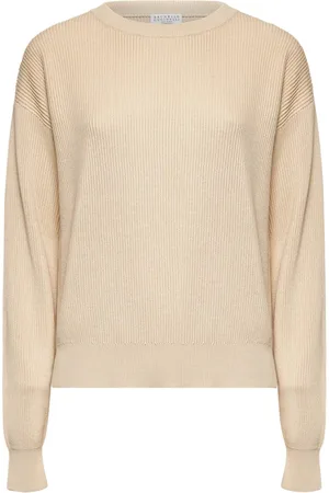 Brunello Cucinelli Stickade tröjor & koftor, Dam, M, Bomull, Beige Ribbstickad Tröja