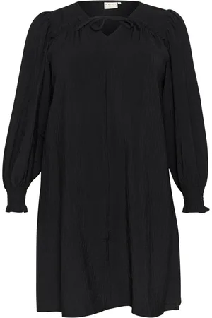 Kaffe Klänning, Dam, 5Xl, Nylon, Svart Djup Klänning med Puffärmar