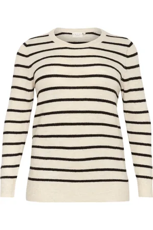 Kaffe Stickade tröjor & koftor, Dam, XL, Randig Pullover Tröja Fjädergrå/Svart