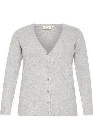 Kaffe Stickade tröjor & koftor, Dam, M, Grå Melange Cardigan med V-Ringning