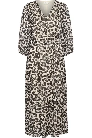 Kaffe Klänning, Dam, 3Xl, Polyester, Leopardmönstrad Klänning med V-ringning