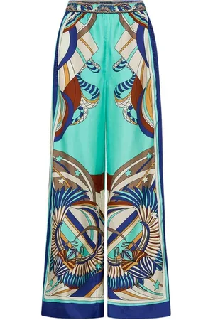 Camilla Byxor, Dam, S, Blå Geometrisk Wide-Leg Silkesbyxor