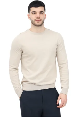 SELECTED Stickade tröjor & koftor, Herr, M, Bomull, Beige Crew Neck Sweater Herrmode