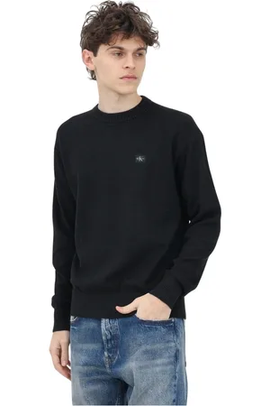 Calvin Klein Stickade tröjor & koftor, Herr, 2Xl, Bomull, Svart Crewneck Tröja med Logopatch