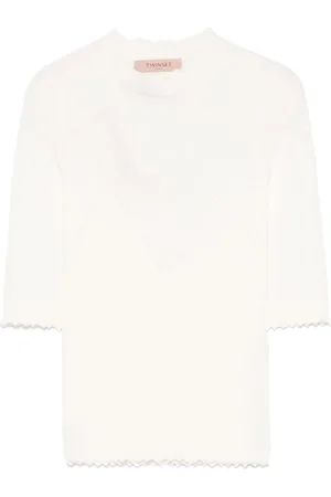 Twin-Set Stickade tröjor & koftor, Dam, S, Vita Crew Neck Sweaters med Scallop Edge