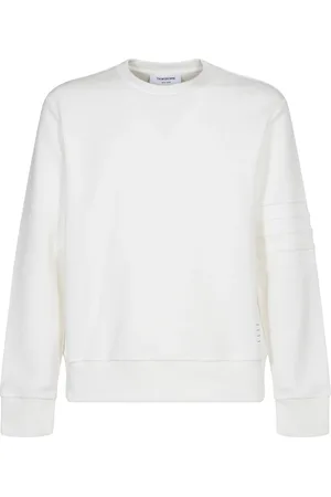 Thom Browne Sweatshirts & Hoodies, Herr, L, Bomull, Vit Crewneck Sweatshirt med 4 Bar Stripe