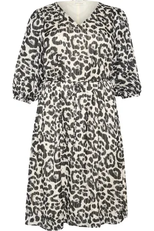 Kaffe Klänning, Dam, 4Xl, Polyester, Leopardmönstrad Klänning med 3/4 Ärmar
