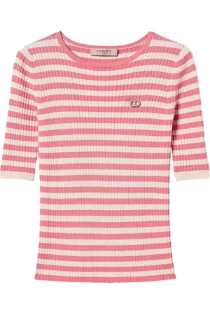 Twin-Set Stickade tröjor & koftor, Dam, M, Vita Crew Neck Sweaters med Logo
