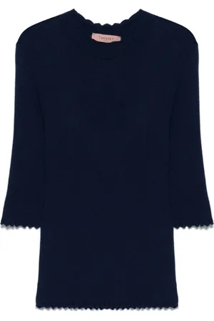 Twin-Set Stickade tröjor & koftor, Dam, M, Blå Ruffle Tröjor Mock Neck Stil