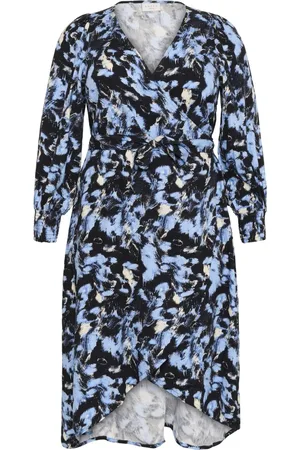 Kaffe Klänning, Dam, 5Xl, Grafiska Stryk Klänning med Smock Manschetter