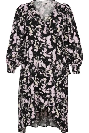 Kaffe Klänning, Dam, 5Xl, Grafiska Stryk Klänning med Smock Manschetter