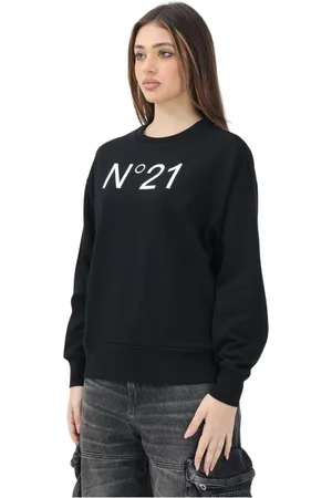 Nº21 Sweatshirts & Hoodies, Dam, L, Bomull, Svart Crewneck Tröja Elegant Modern Stil