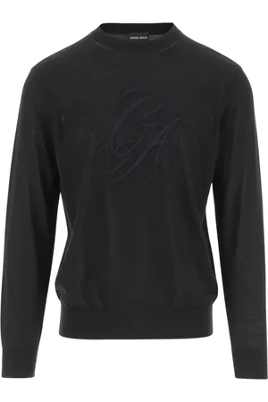 Giorgio Armani Stickade tröjor & koftor, Herr, L, Ull Logo Crew Neck Tröja Svart