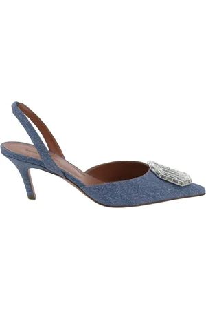 Amina Muaddi Skor, Dam, 37 EU, Denim, Tryckta Denim Sling Pumps med Spegelaccessoar