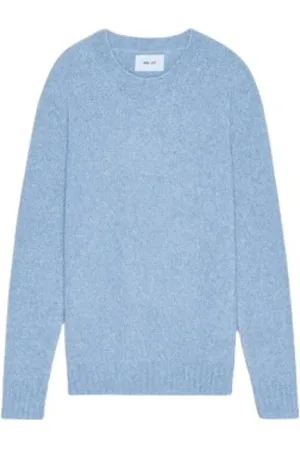NN.07 Stickade tröjor & koftor, Herr, L, Blå Merinoull Pullover Drop-Skuldra