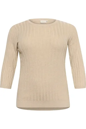 Kaffe Stickade tröjor & koftor, Dam, L, Fjäder Grå Melange Rib Pullover Tröja