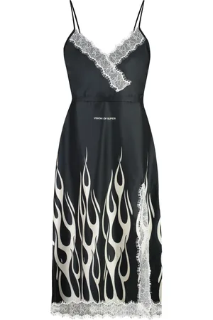 Vision Of Super Klänning, Dam, M, Polyester, Flames Print Spets Trim Midi Klänning
