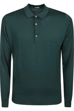 JOHN SMEDLEY Stickade tröjor & koftor, Herr, M, Grön Merinoullspolo med Knappstängning