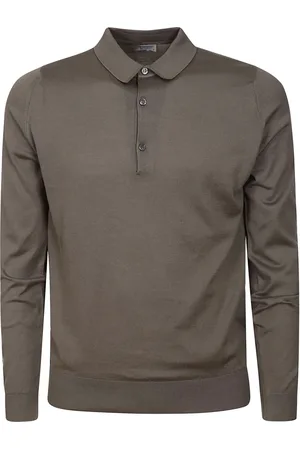 JOHN SMEDLEY Topp, Herr, M, Bomull, Brun Stickad Polotröja med Knappstängning