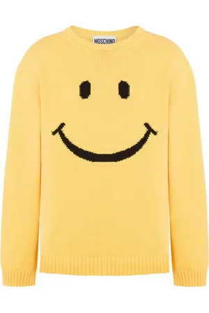 Moschino Stickade tröjor & koftor, Herr, M, Bomull, Gul Stickad Tröja med Smiley Ansikte