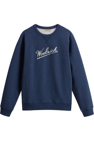 Woolrich Sweatshirts & Hoodies, Herr, S, Bomull, Blå Ribbstickad Tröja med Tryckt Logotyp