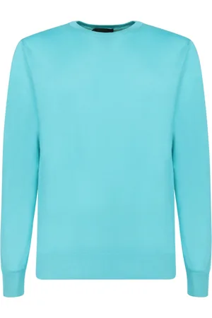 MOORER Stickade tröjor & koftor, Herr, M, Bomull, Turkos Crew Neck Sweater