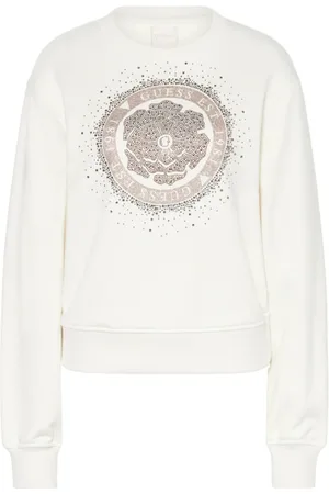 Guess Sweatshirts & Hoodies, Dam, L, Bomull, Långärmad Kräm Peony Logo Sweatshirt