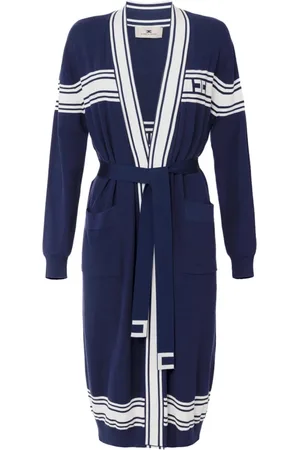 Elisabetta Franchi Stickade tröjor & koftor, Dam, M, Blå Lång Cardigan med Kontrastband