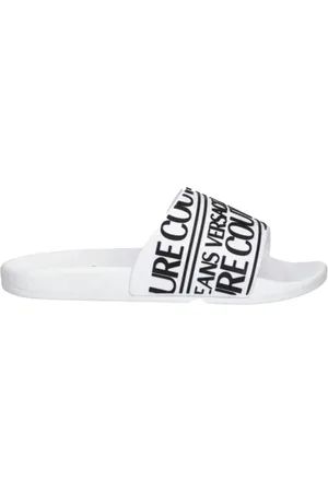 VERSACE Skor, Herr, 45 EU, Vita Slide Sandaler med Relief Logo