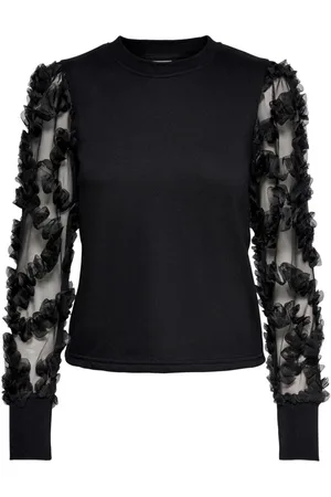 JACQUELINE DE YONG Stickade tröjor & koftor, Dam, S, Bomull, Svart Blommig Mesh Ärmstickad Topp