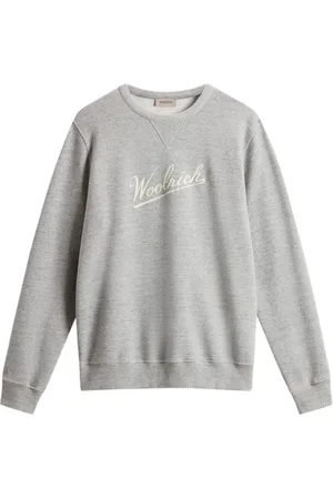 Woolrich Sweatshirts & Hoodies, Herr, S, Bomull, Grå Ribbstickad Tröja med Tryckt Logotyp