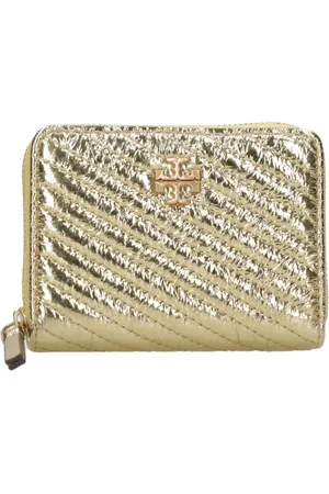 Tory Burch Accessoarer, Dam, ONE Size, Guld Nappa Chevron Plånbok med Logotyp