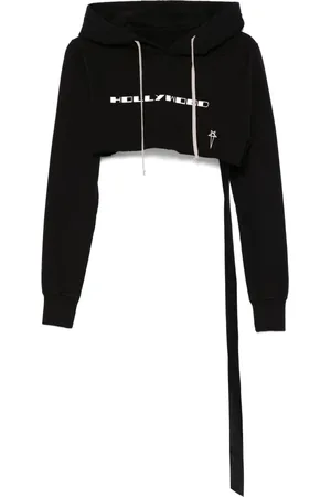 Rick Owens Sweatshirts & Hoodies, Dam, L, Bomull, Svart Cropped Huvtröja med Framtryck