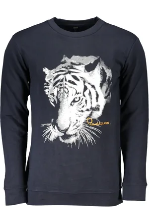 Roberto Cavalli Sweatshirts & Hoodies, Herr, M, Blå Långärmad Tröja med Tryck