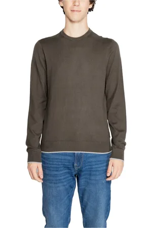 Armani Exchange Stickade tröjor & koftor, Herr, S, Bomull, Grön stickad rundhalsad tröja