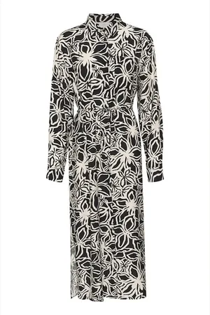 Kaffe Klänning, Dam, XL, Blommig skjortklänning Svart/Beige