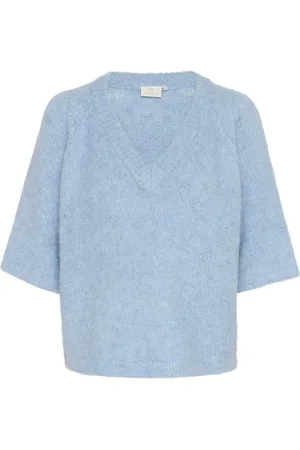 Kaffe Stickade tröjor & koftor, Dam, XL, Mjuk Chambray V-Ringad Pullover Tröja