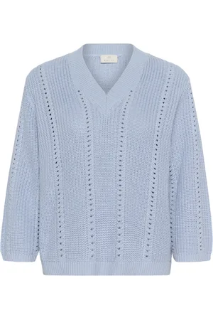 Kaffe Stickade tröjor & koftor, Dam, XS, Bomull, Mjuk Chambray Stickad Tröja med Kort Ärm