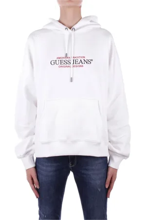 Guess Sweatshirts & Hoodies, Dam, M, Bomull, Vit huvtröja med logotypficka framtill