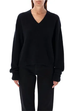 Rick Owens Stickade tröjor & koftor, Dam, M, Nylon, Svart V-ringad Stickad Tröja Sweater Aw24