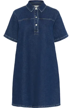 Kaffe Klänning, Dam, M, Denim, Denim Klänning med Skjortkrage