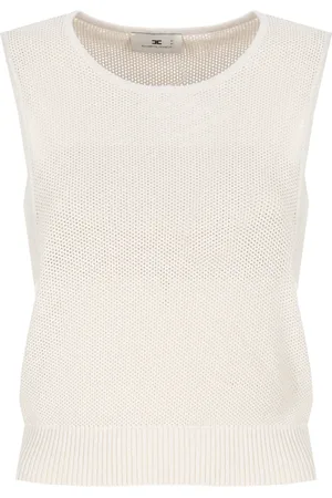 Elisabetta Franchi Stickade tröjor & koftor, Dam, M, Perforerad Ärmlös Elfenbensfärgad Tröja