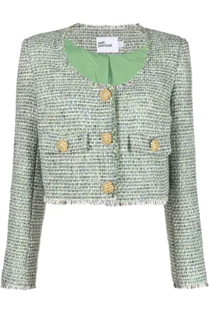 Self-Portrait Jacka, Dam, M, Polyester, Elegant Grön Bouclé Croppad Blazer