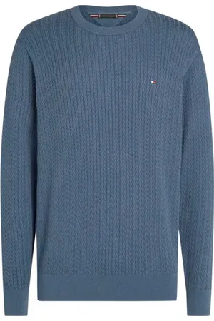 Tommy Hilfiger Stickade tröjor & koftor, Herr, M, Bomull, Blå Stickad Tröja Rund Hals Broderad