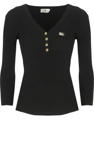 Elisabetta Franchi Stickade tröjor & koftor, Dam, M, Svart V-ringad Tröja med Logoed Knappar